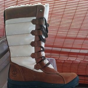 Brown and tan Timberland boots